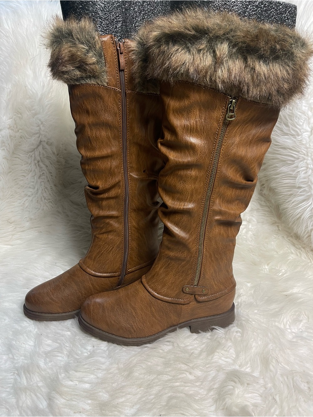 Nature Breeze Fourever Funky Faux-Fur Trim synthetic Brown knee high boots SZ10